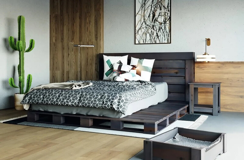 trang trí phòng ngủ Pallet đen kết hợp chăn ga họa tiết