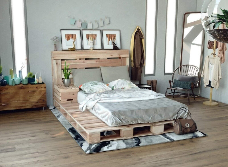 trang trí phòng ngủ Pallet gỗ và bộ khung tranh đặt đầu giường