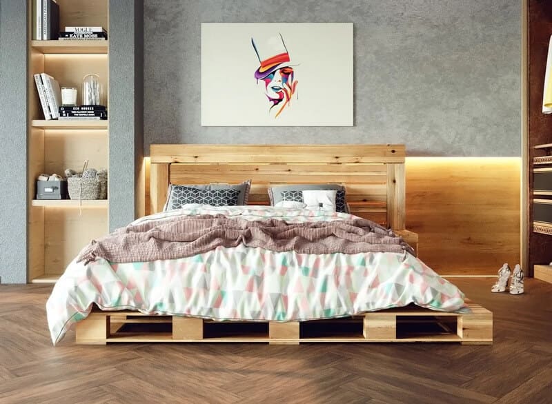trang trí phòng ngủ Giường Pallet gỗ kết hợp tranh treo tường