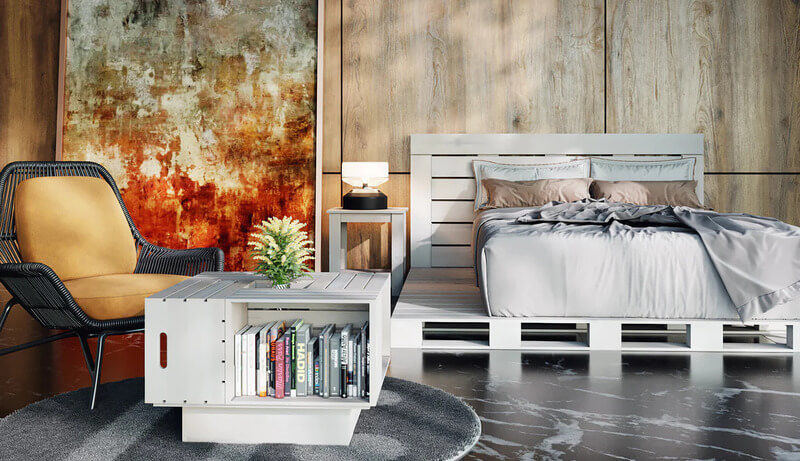 Mẫu giường Pallet trắng phối đệm và ga giường màu trung tính