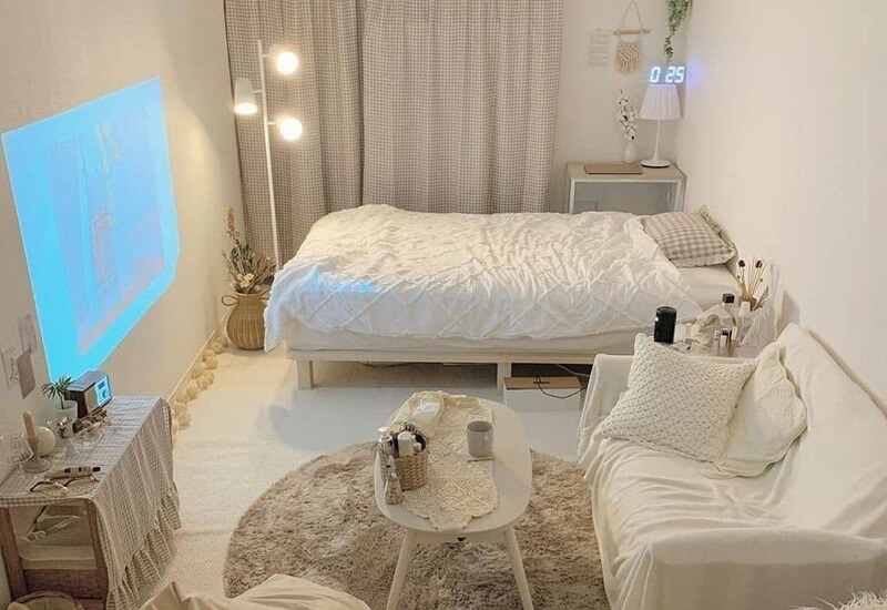 Mẫu Pallet kết hợp rèm mỏng và nội thất Minimalism