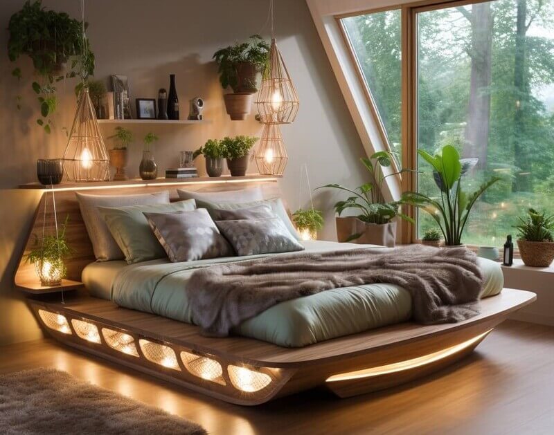 Giường gỗ MFC dạng thuyền sử dụng đèn LED