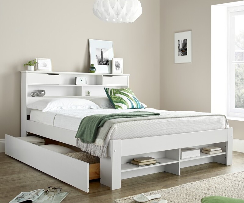 Mẫu giường gỗ MFC trắng kết hợp tủ đầu giường