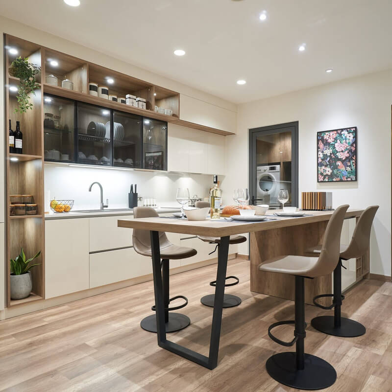 Tủ bếp MFC ốp kính cao cấp