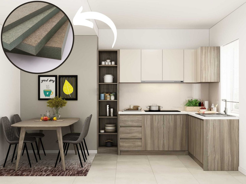 Tủ bếp gỗ MFC lõi xanh phủ màu xám hiện đại, trẻ trung