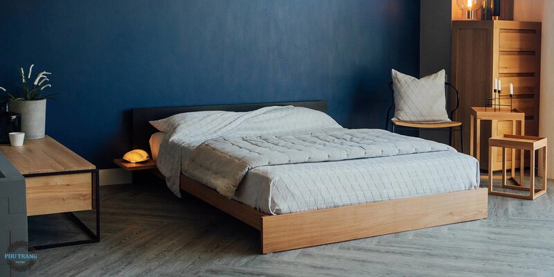 Mẫu giường gỗ 1m8x2m với chăn, ga, nệm