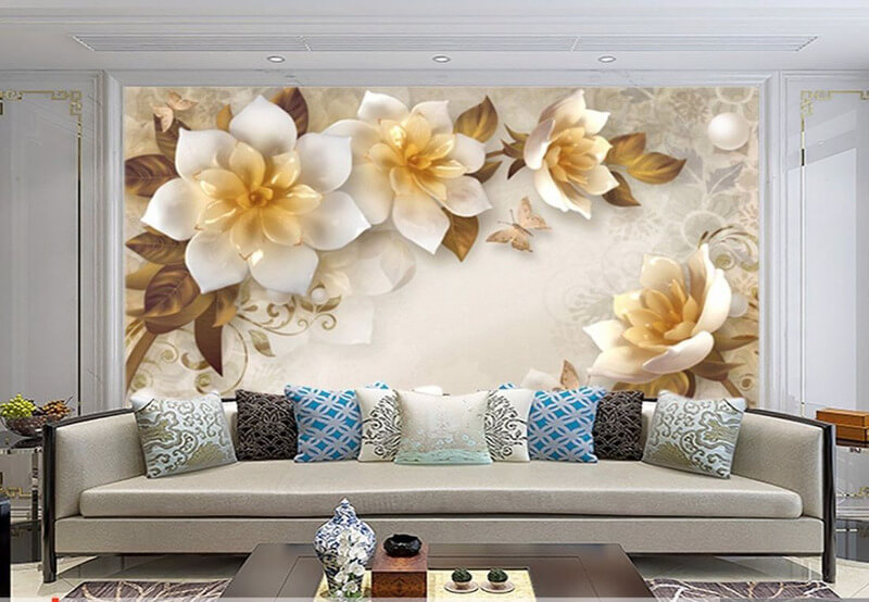 Thiết kế phòng khách với tranh dán tường độc đáo