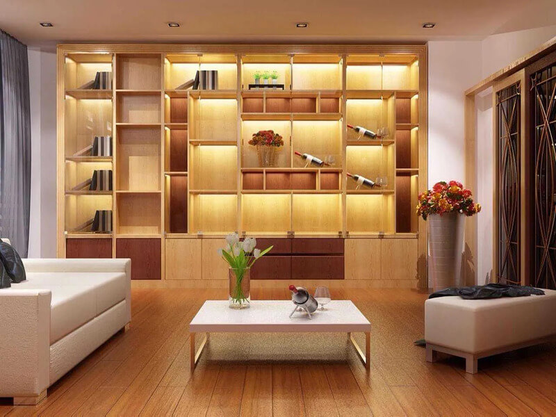 Thiết kế phòng khách với họa tiết gỗ đơn giản, hiện đại