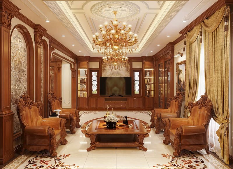 Mẫu thiết kế phòng khách sang trọng, ấm cúng với chi tiết gỗ
